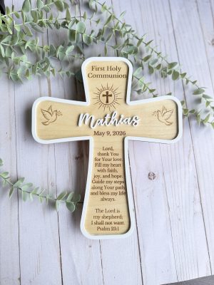 personalized religious cross wooden acrylic name baptism communion confirmation gift for kids