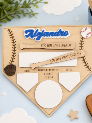 Personalized baseball-themed First & Last Day of School dry erase sign with custom acrylic name and reusable writing areas.