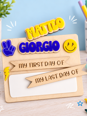 Personalized First & Last Day of School dry erase sign with layered acrylic name and reusable writing area.